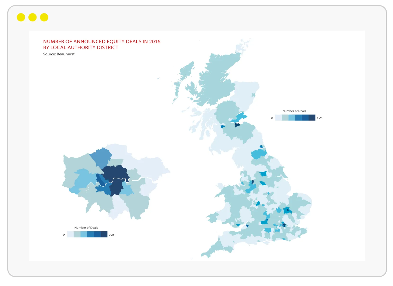 Number of announced equity deals in 2016 by local authority district
