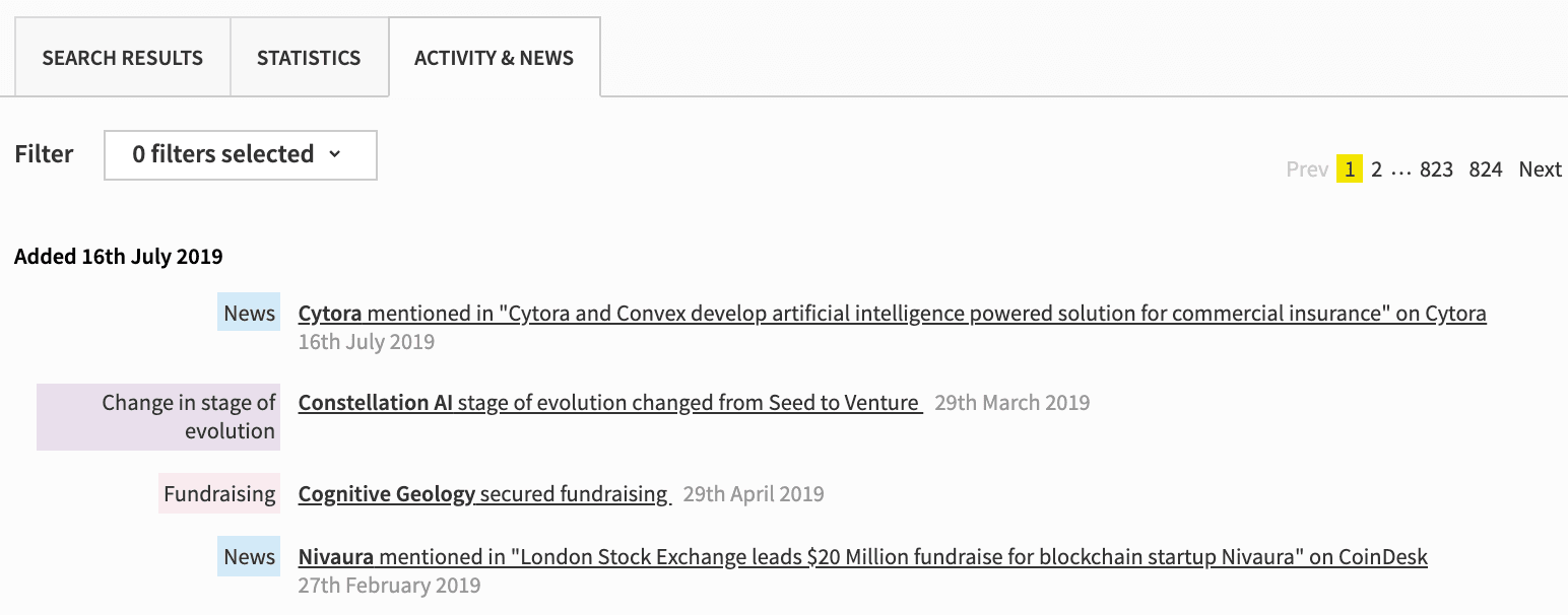 Beauhurst Advanced Search activity and news tab