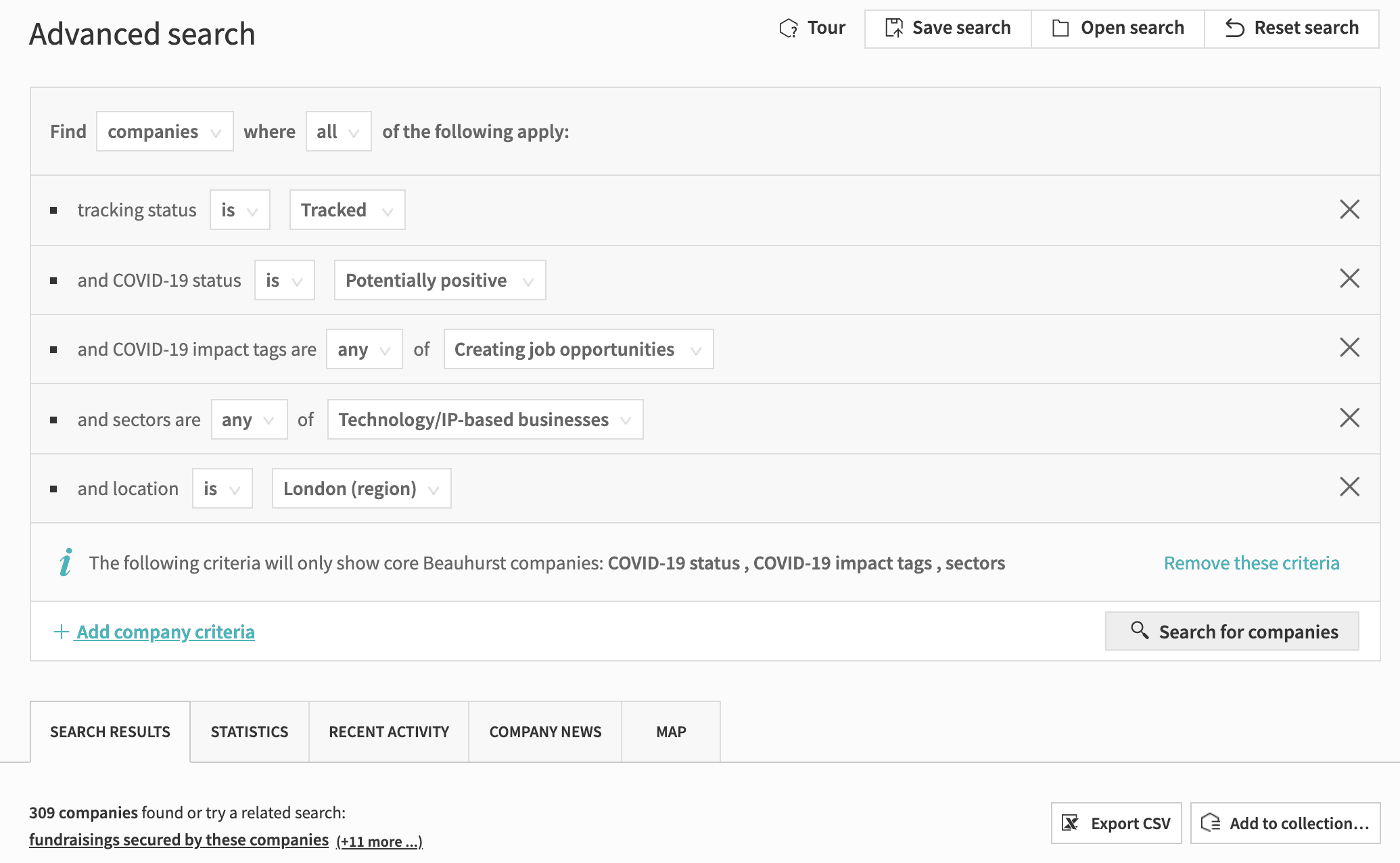 Screenshot of recruitment search