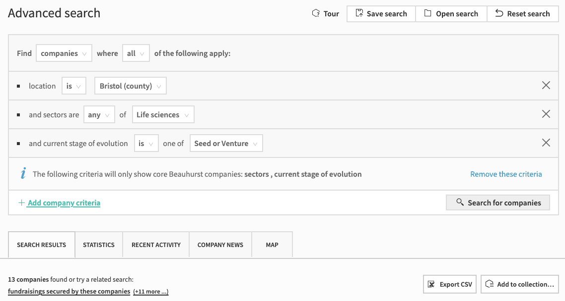Advanced Search on the Beauhurst platform