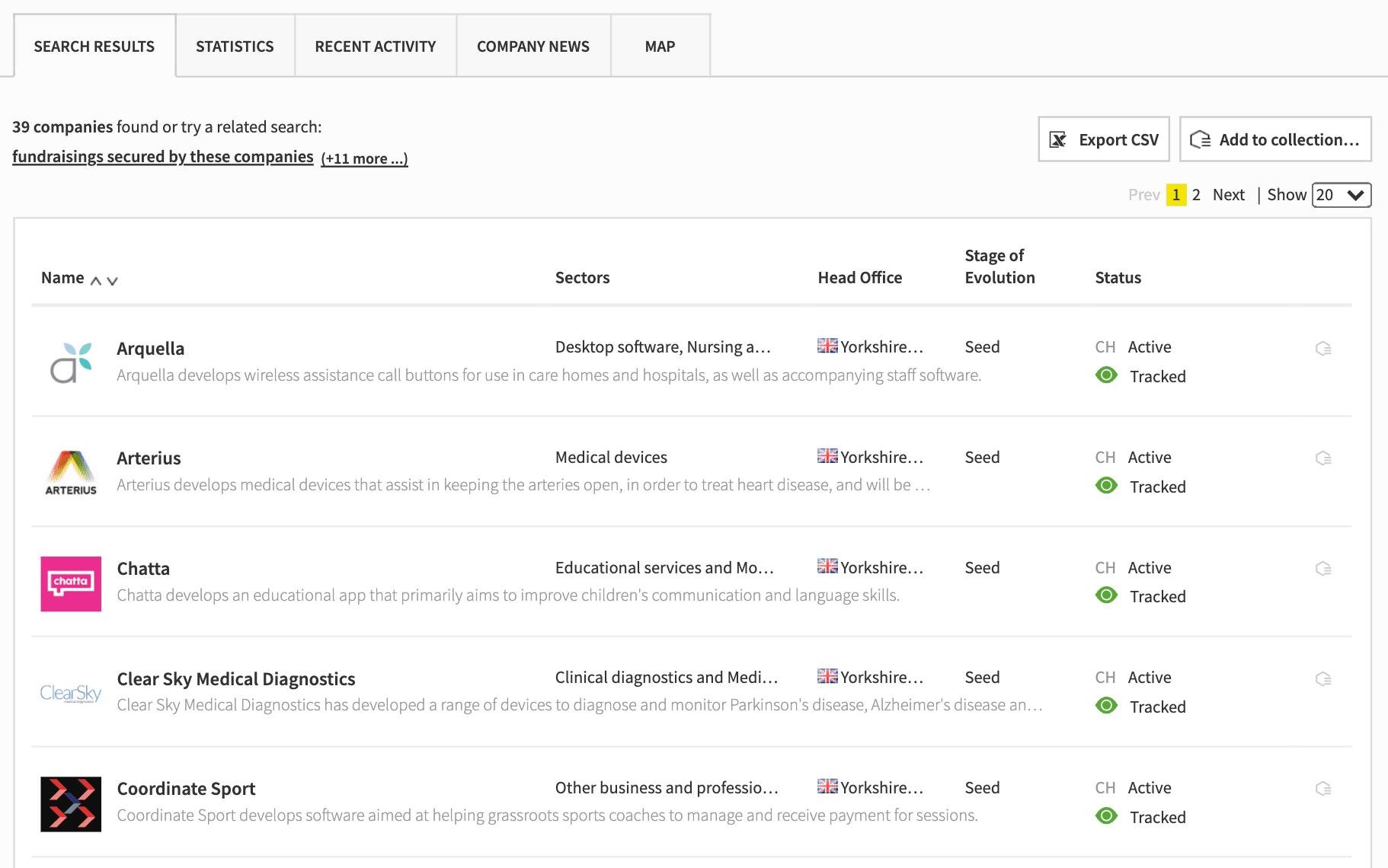 Advanced Search returns a list of companies that match our criteria