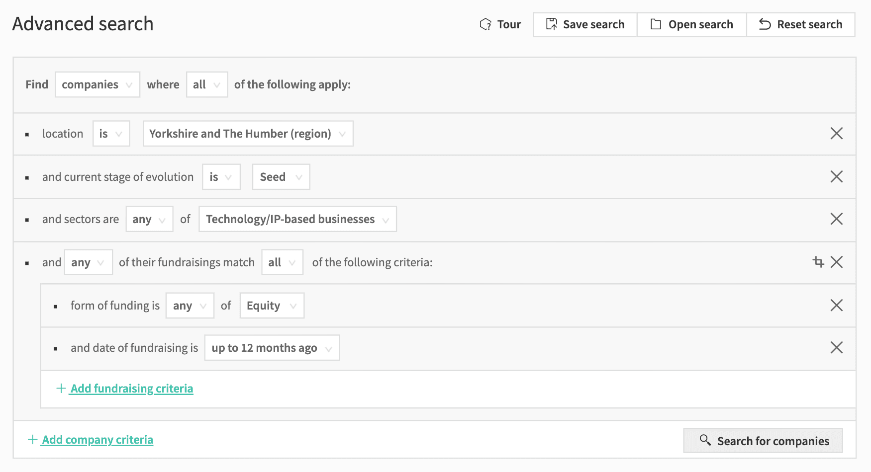 Beauhurst's Advanced Search tool with the selected criteria entered
