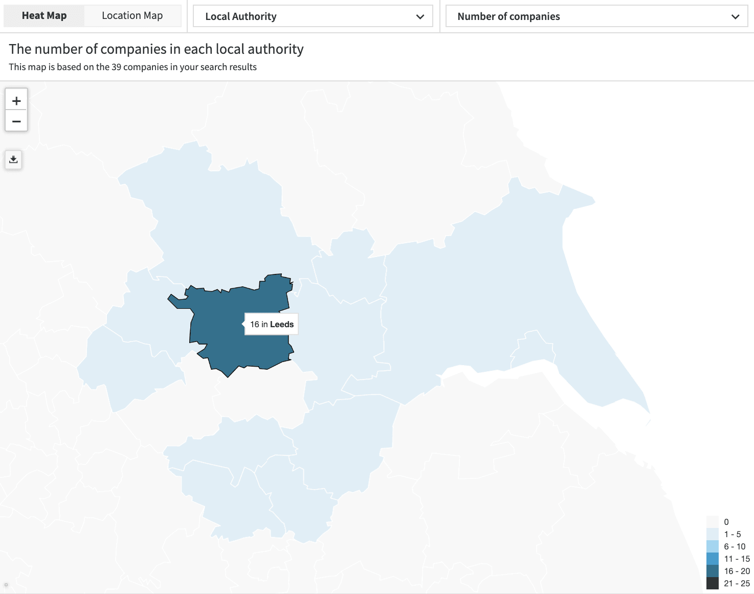 Heat map showing where in Yorkshire & The Humber companies are located