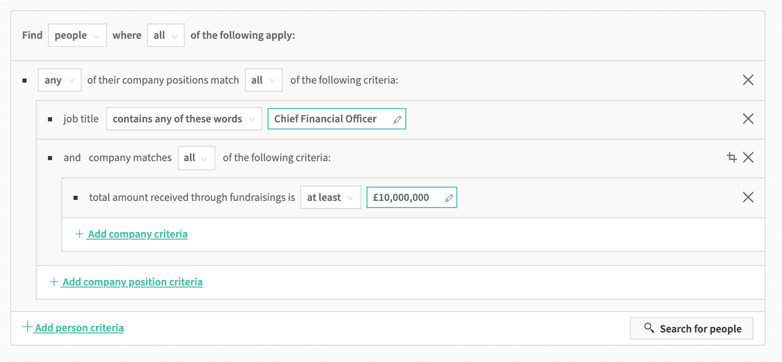 The Beauhurst platform's Advanced Search tool being used to find CFOs at companies that have raised at least £10m