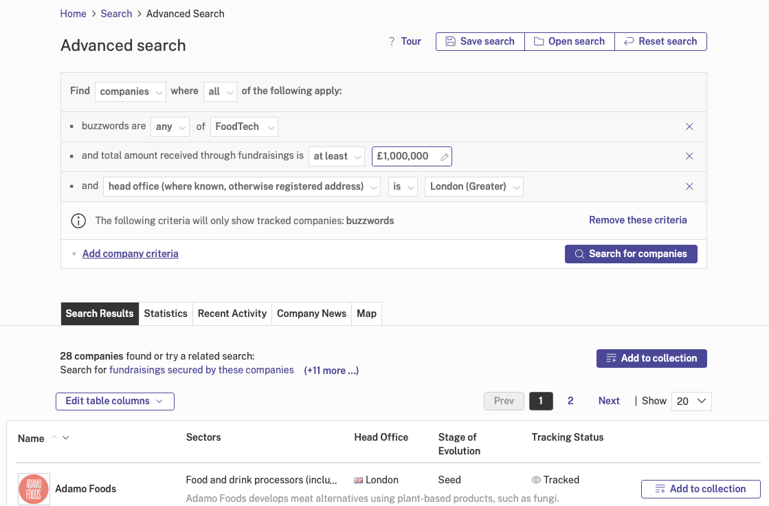 Advanced Search: FoodTech with fundraisings over 1M