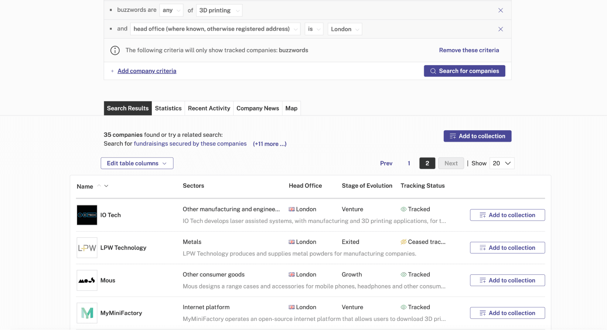 Advanced Search Company Criteria: 3D Printing