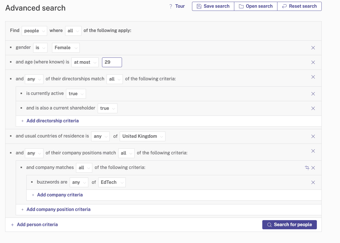 Advanced Search: Person Criteria (female, at most 29)