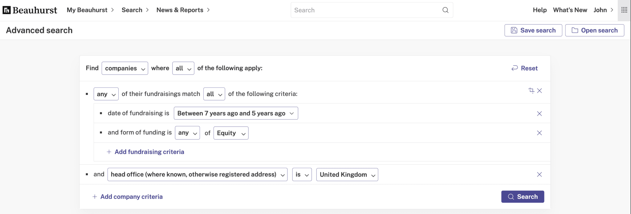 Advanced search for companies with fundraisings 5+ years ago