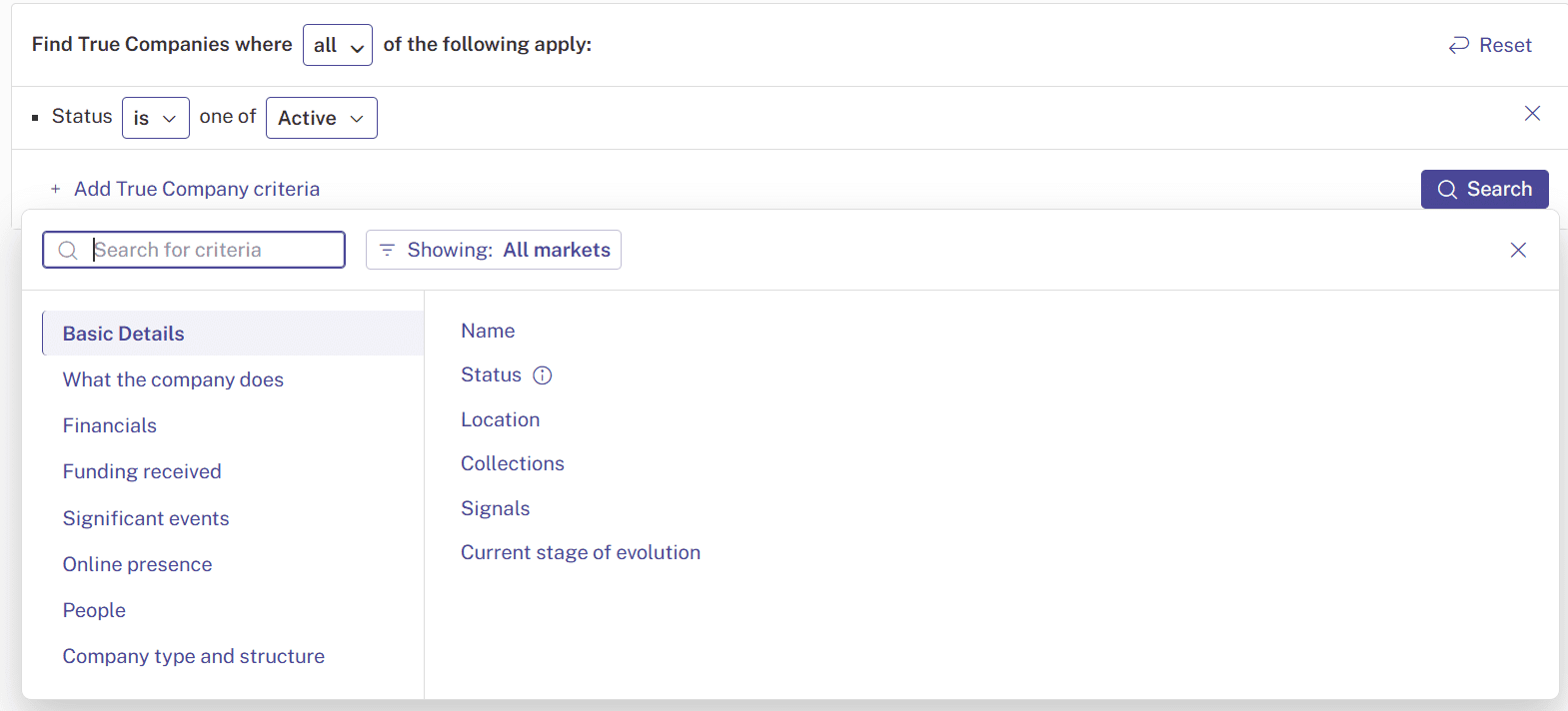 Screenshot of Beauhurst's advanced search over true companies