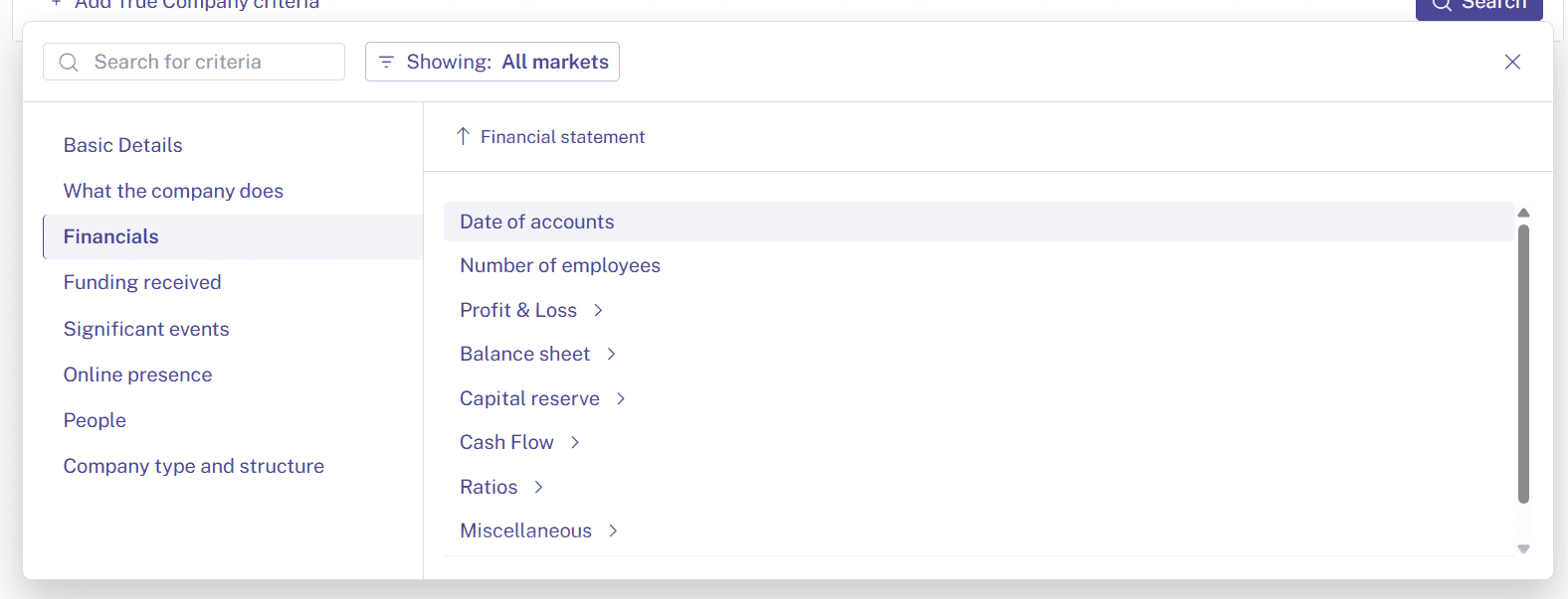 Screenshot of Beauhurst's advanced search across financial data