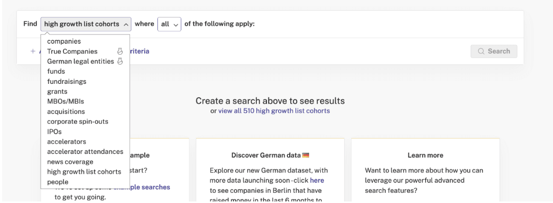 Screenshot of Beauhurst advanced search filter: high growth cohorts
