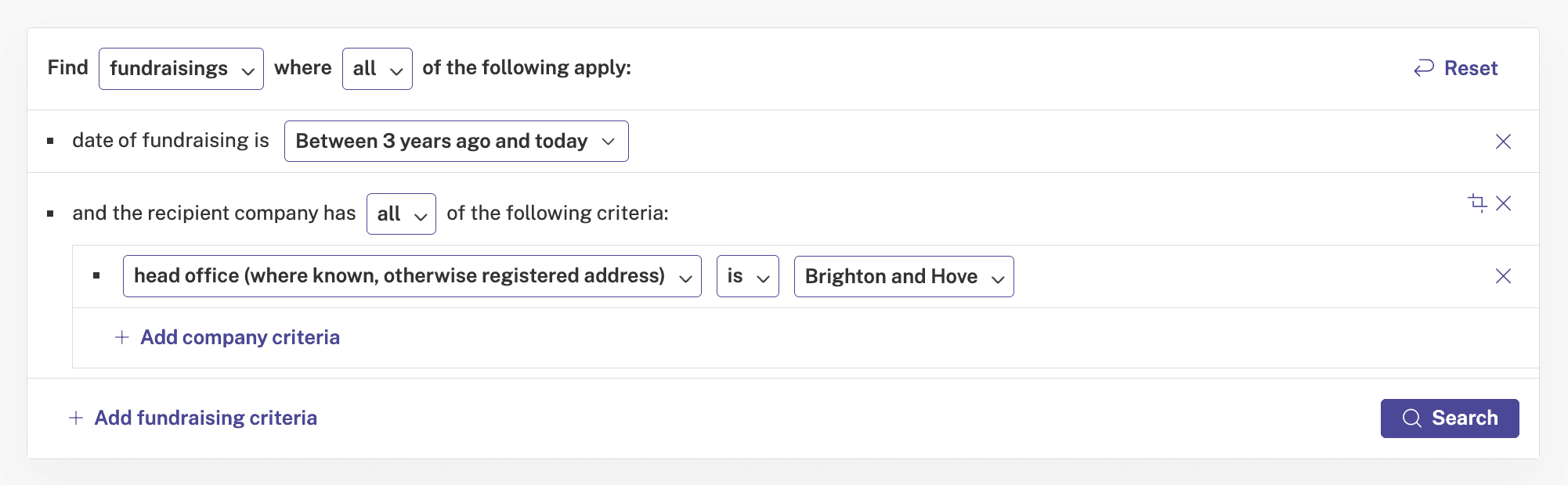 Screenshot of the Beauhurst platform showing a search for fundraisings in Brighton and Hove from the past three years