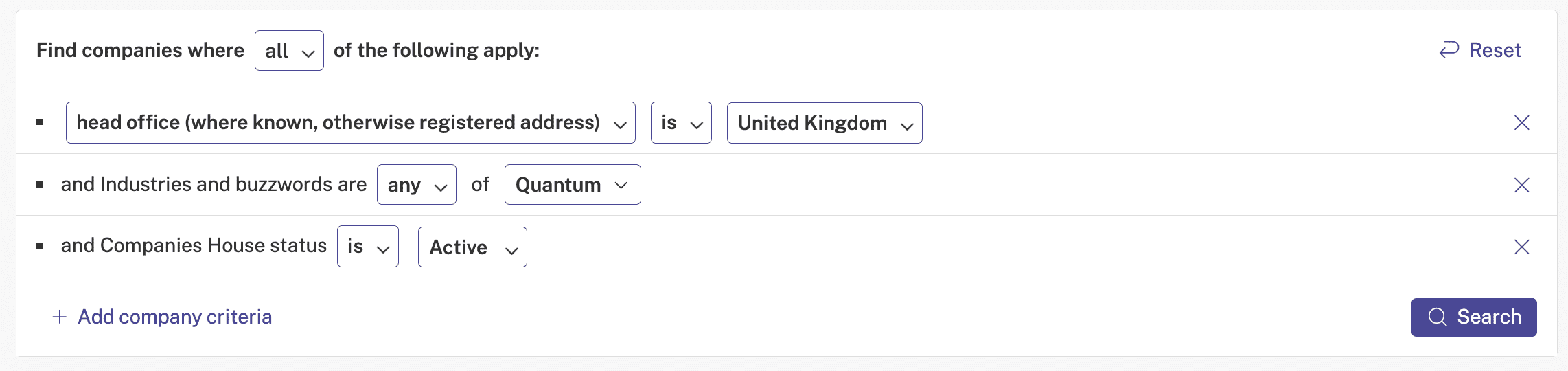 Screenshot of Beauhurst platform looking for Quantum companies