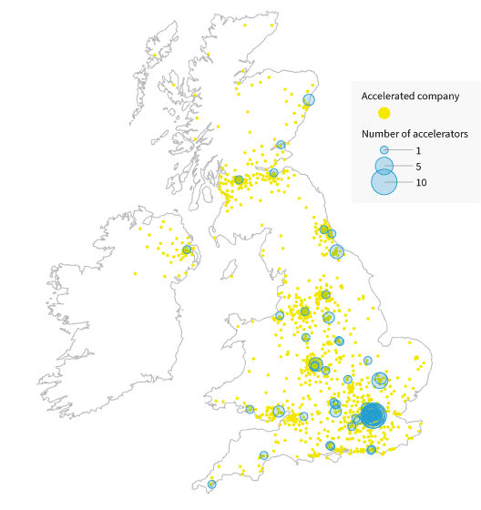 Map of the UK showing accelerated companies and accelerators by postcode