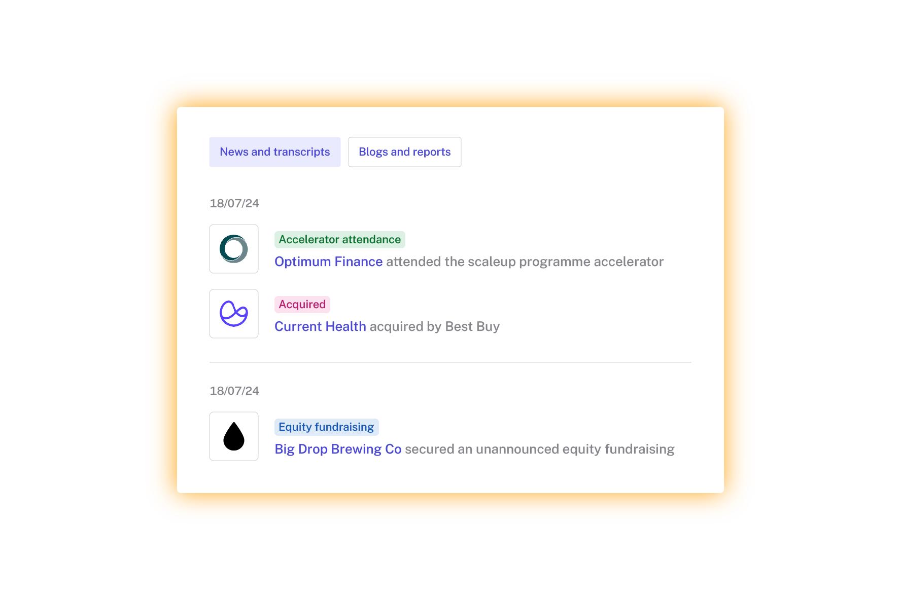 The Beauhurst platform’s news and transactions feed showing accelerator attendance, an acquisition and an unannounced equity fundraising
