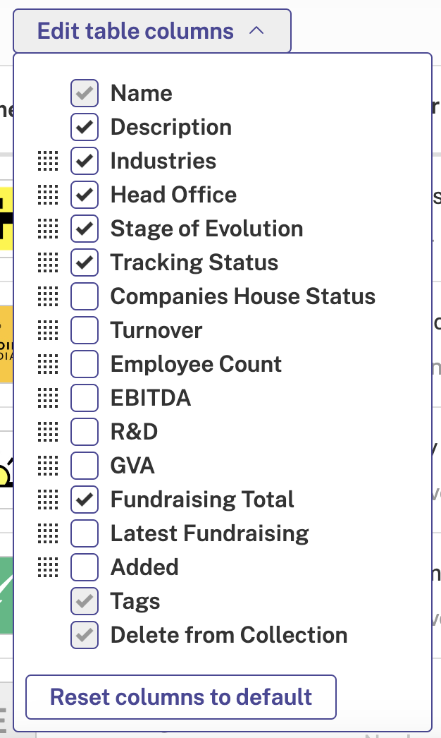 Edit table columns menu