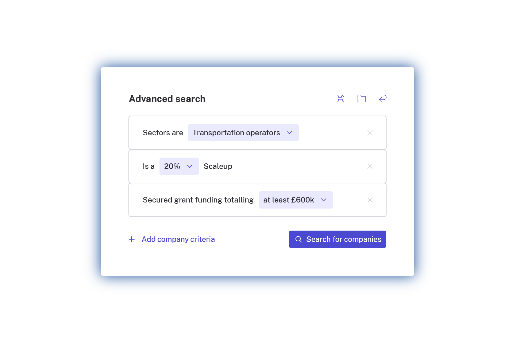 Beauhurst search filtering companies by sector, scaleup status and secured grant funding