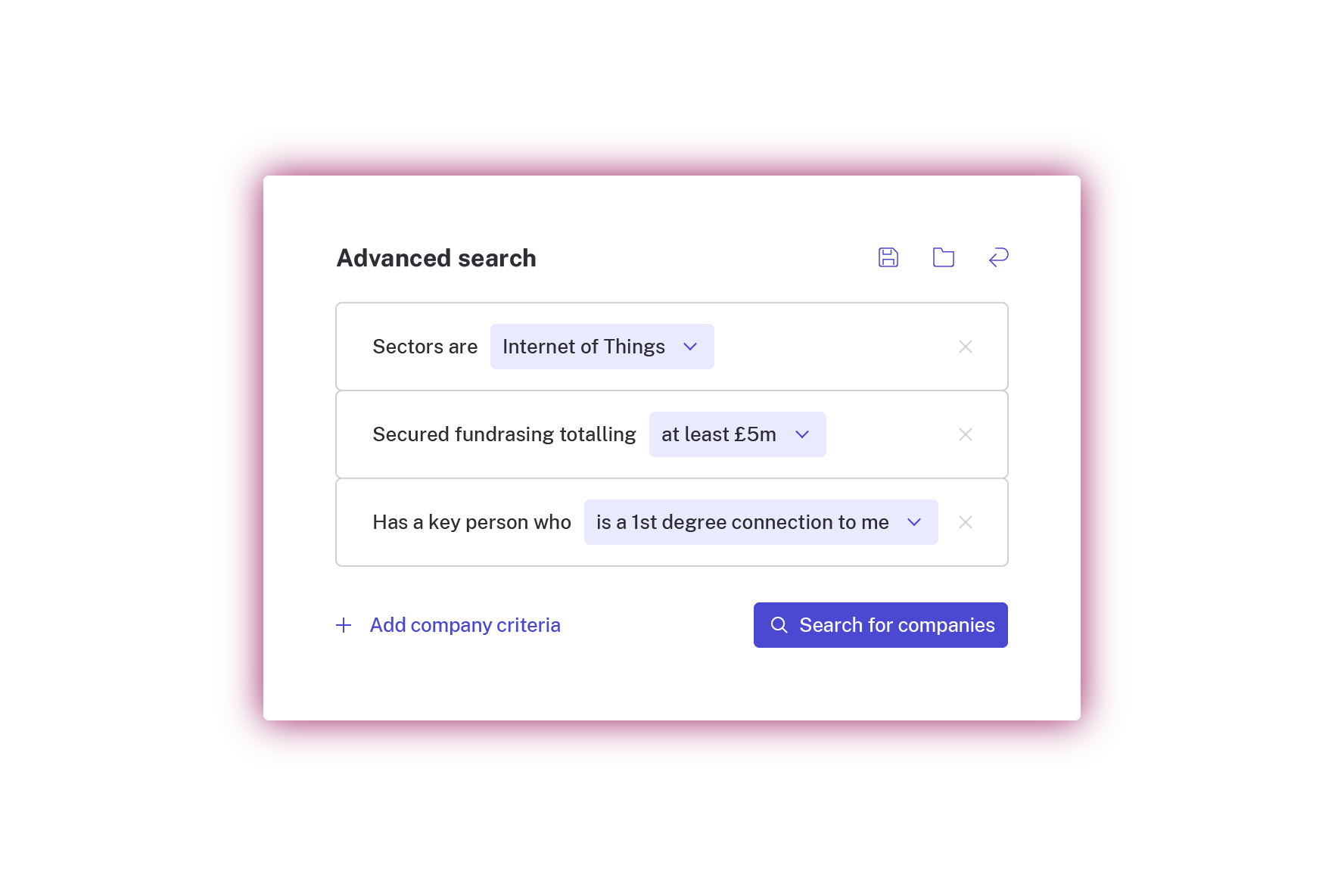 Beauhurst search filtering companies by sector, secured fundraising and key person connections
