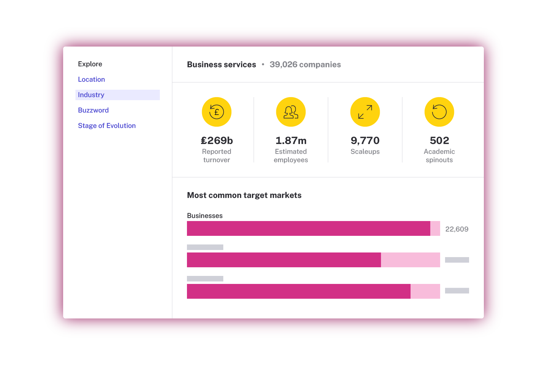Beauhurst industry overview showing 39,026 companies in the business services sector with turnover and most common target markets