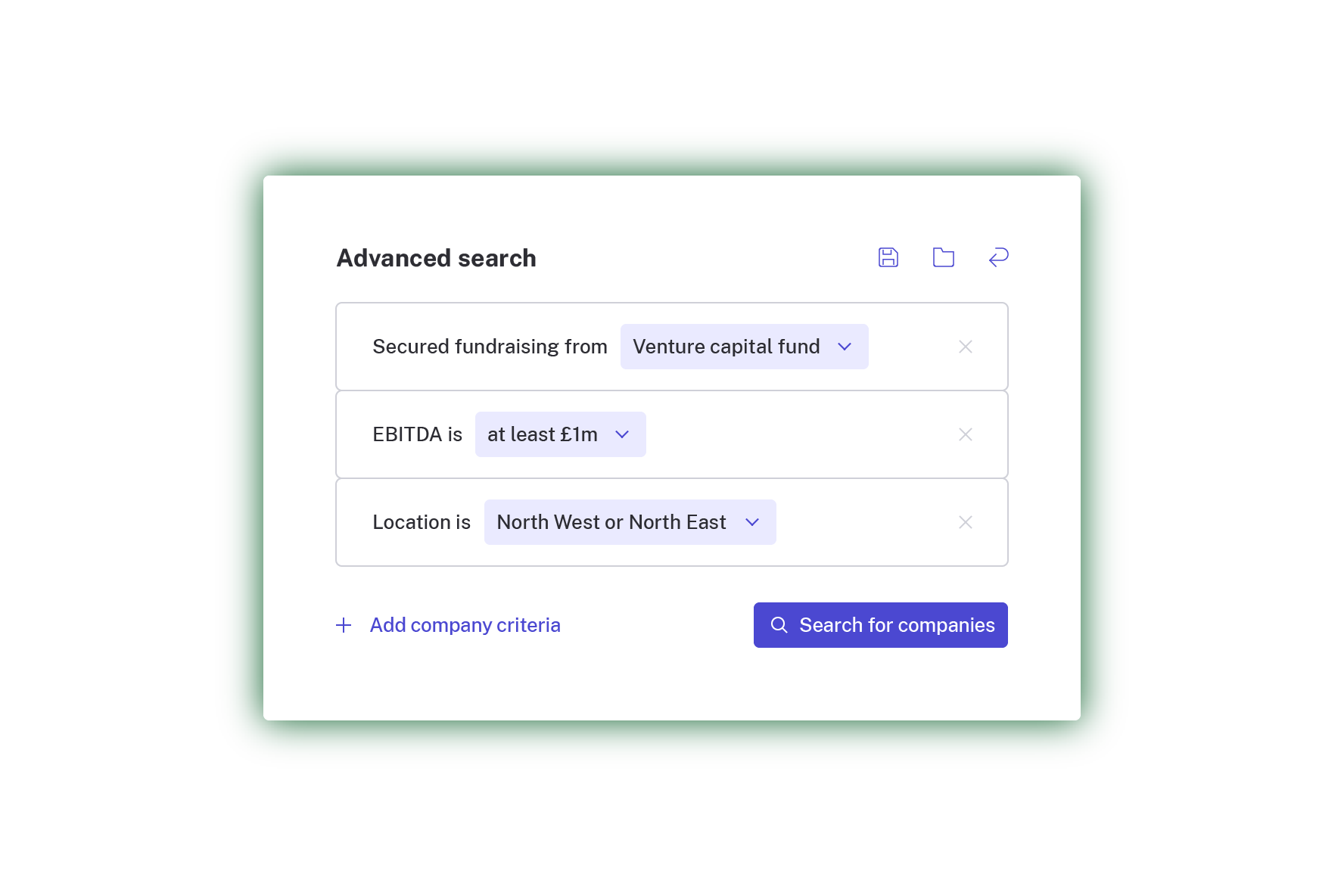 BeauhurstInvest search filtering companies by fundraising source, EBITDA and location