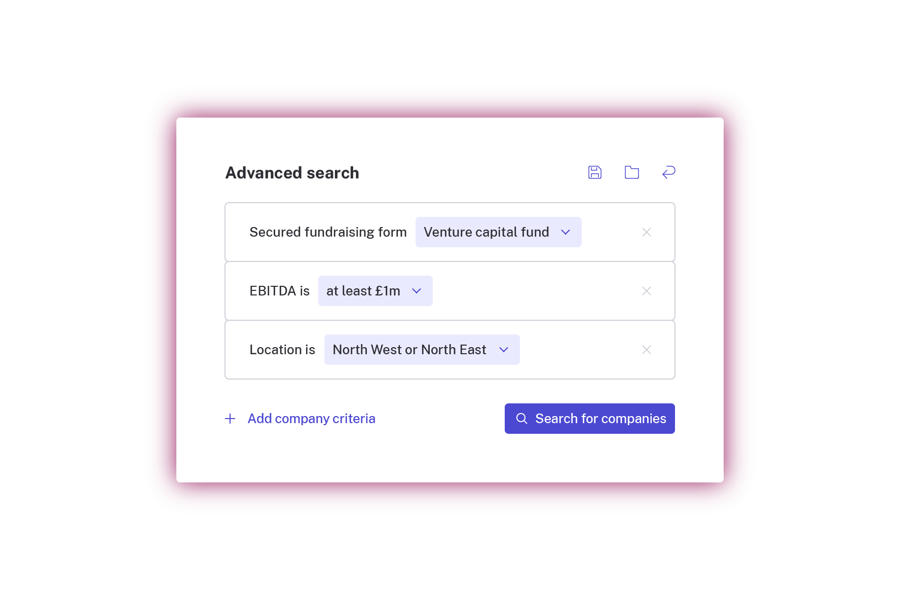 BeauhurstAdvise advanced search filtering companies by secured fundraising, EBITDA and location