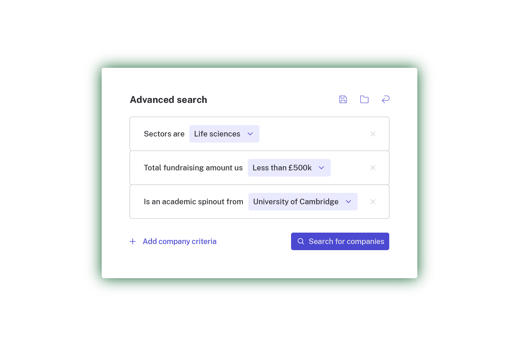 BeauhurstInvest advanced search filtering companies by sector, total fundraising and academic spinout university