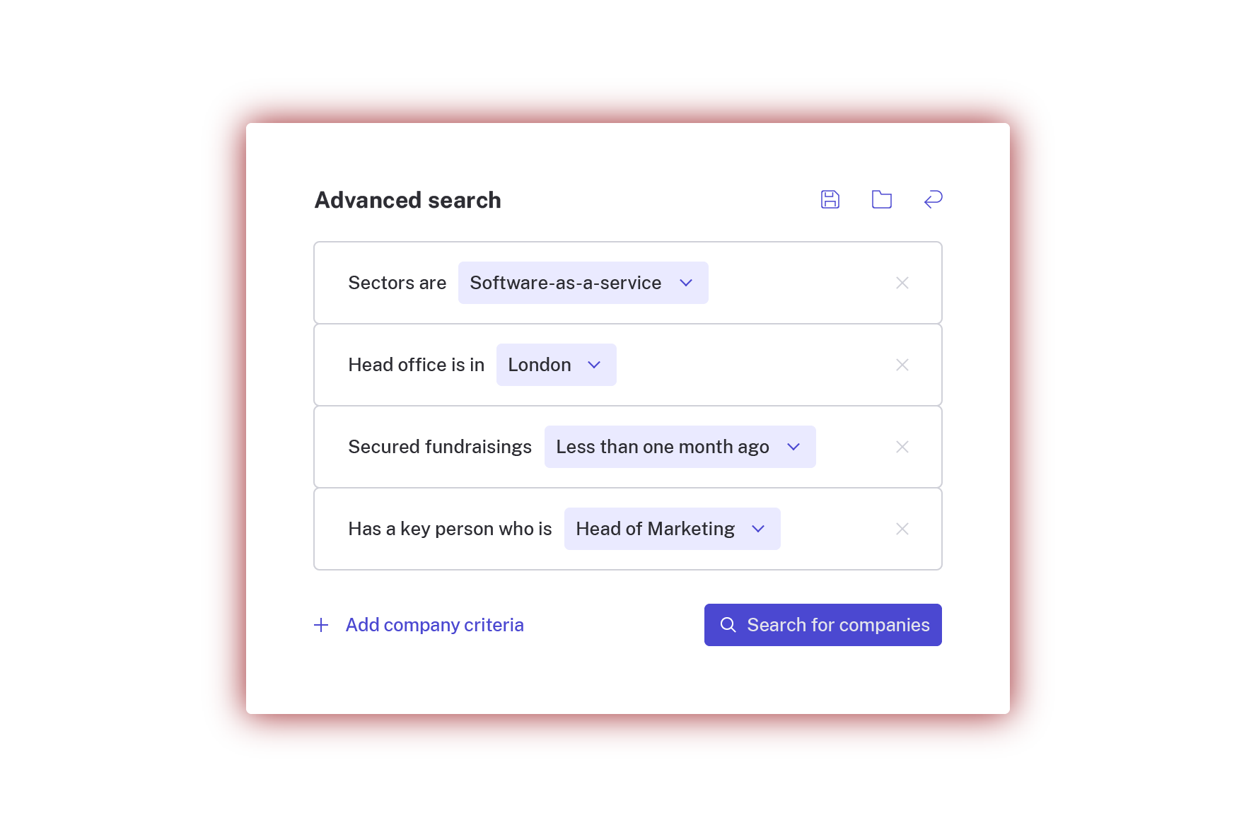 BeauhurstSales advanced search filtering companies by sector, head office, recent fundraising and key person role
