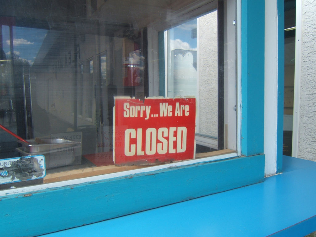 Bankrupt Restaurant Startups Sign - "sorry we are closed"