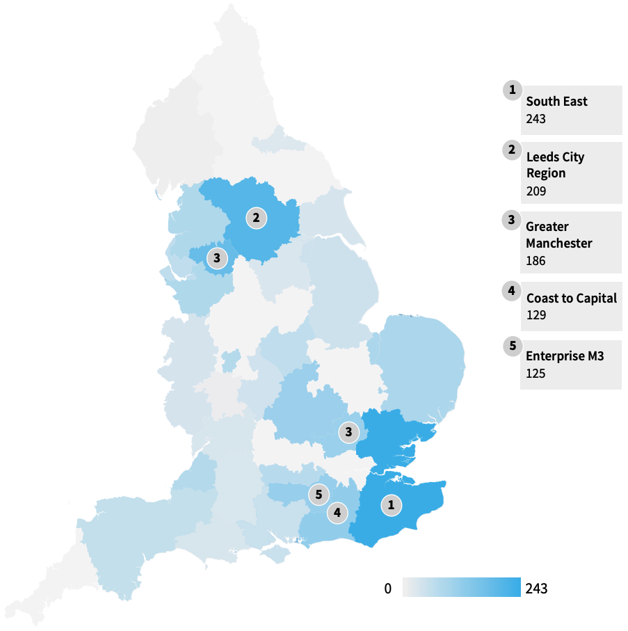 Heatmap of LEPs by number of scaleups (excluding London)