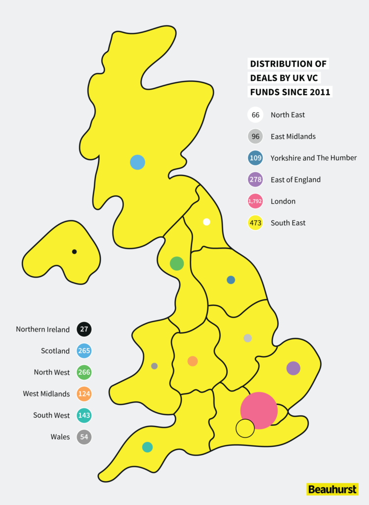 distribution of VC deals in the UK by UK VCs map