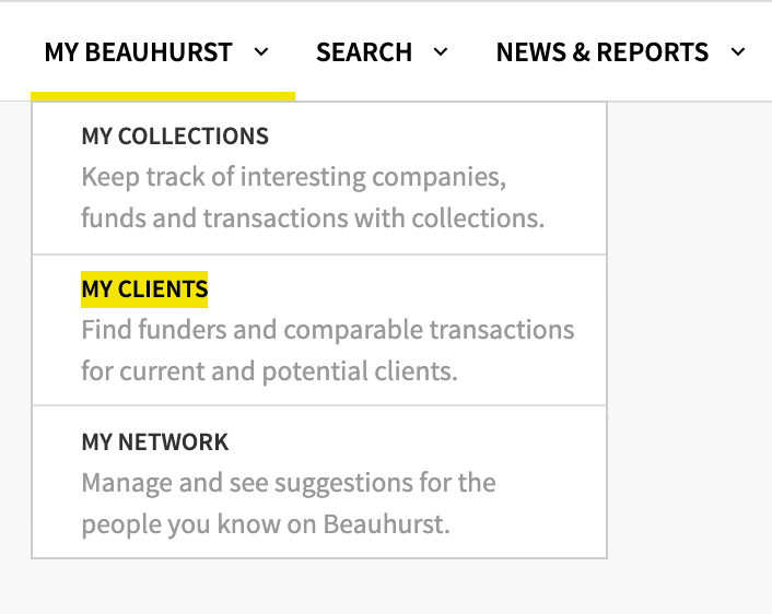 Beauhurst My Clients tool