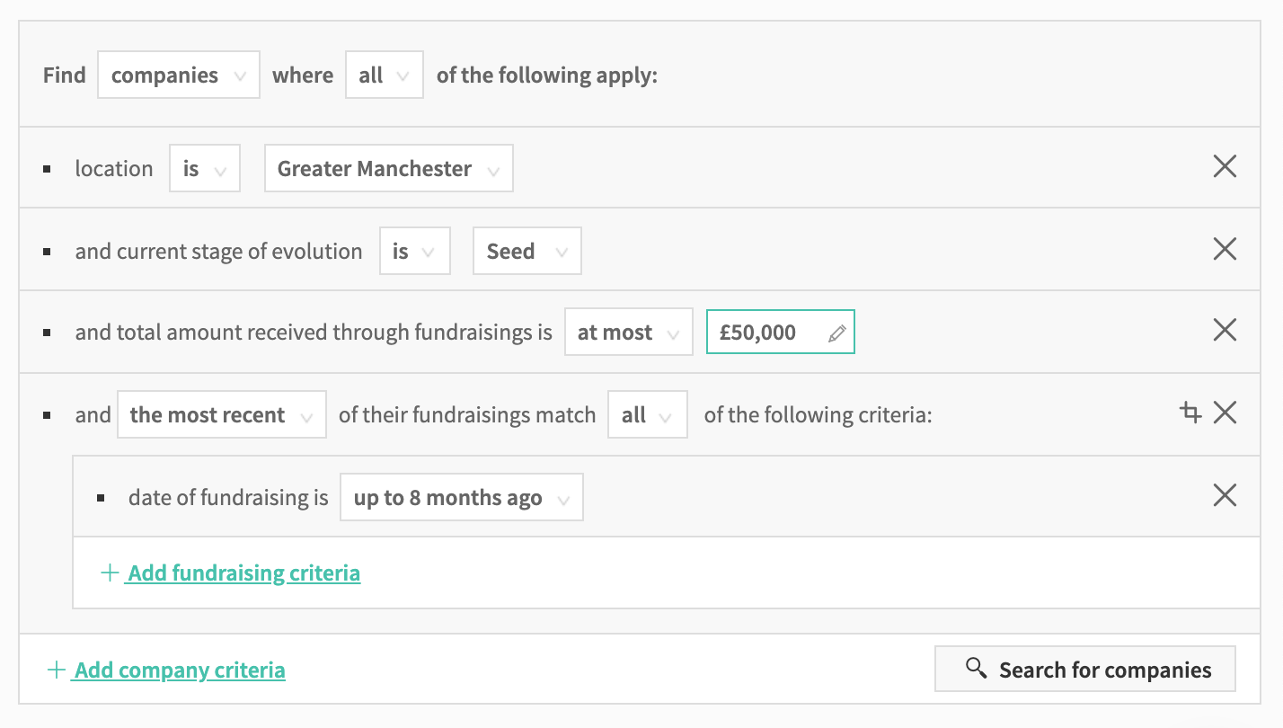 Beauhurst advanced search showing companies that have raised friends and family rounds