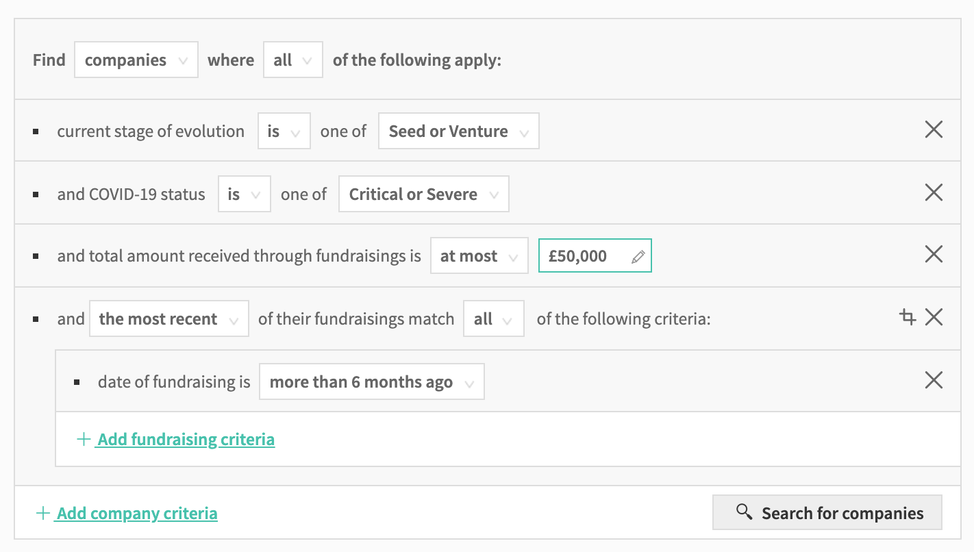 advanced search over companies negatively impacted by COVID-19