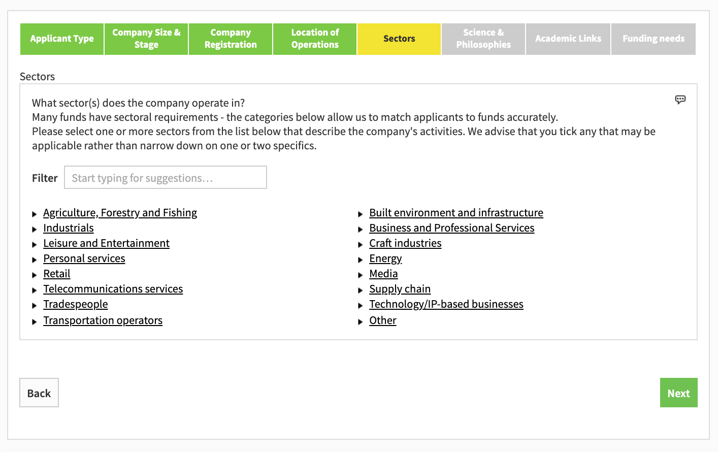 My Clients sector options