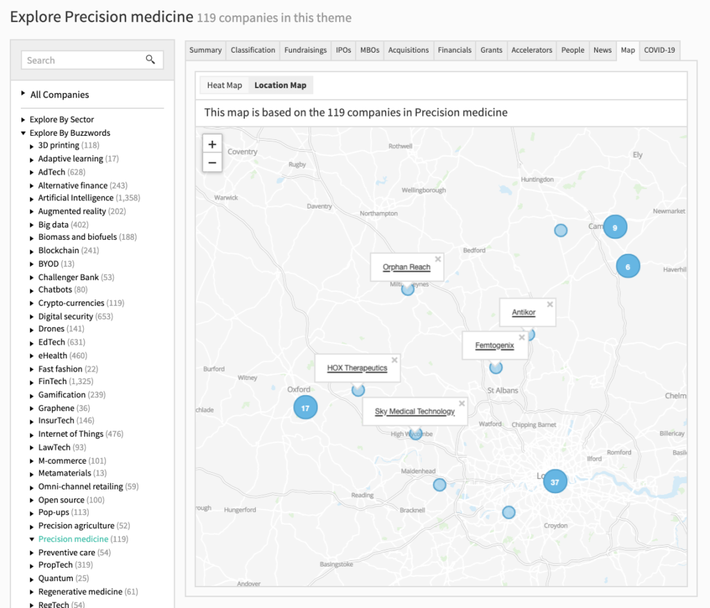 Beauhurst explore tool location map of precision medicine startups