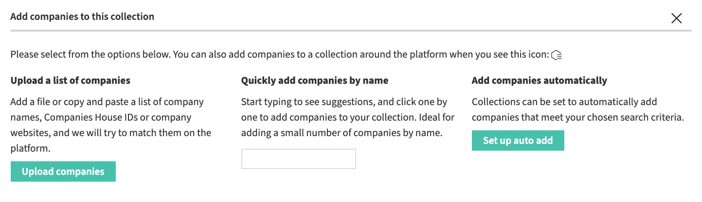 'Add companies to this collection' page on the Beauhurst platform