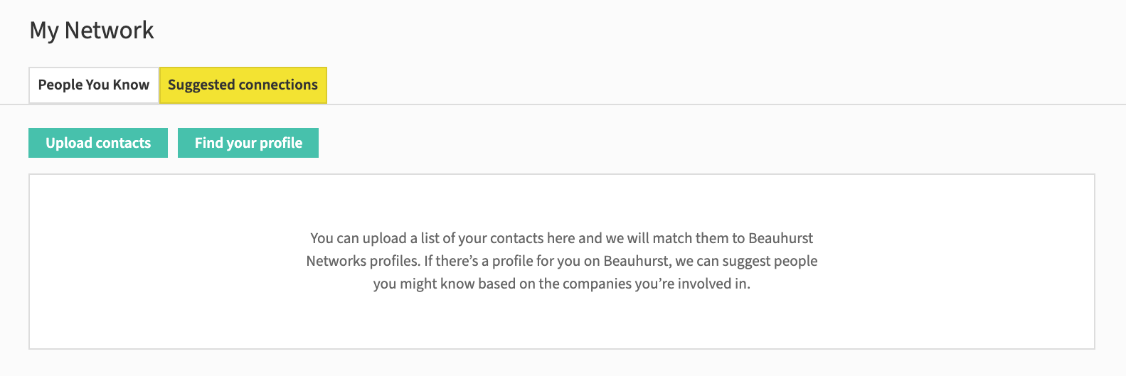 'My Network' page on the Beauhurst platform, with 'People You Know' and 'Suggested Connections', plus options to upload contacts