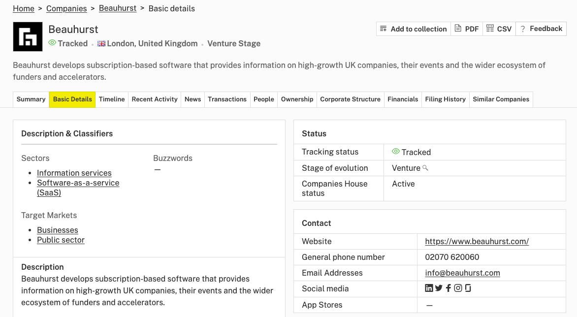 Beauhurst's company profile on the Beauhurst platform