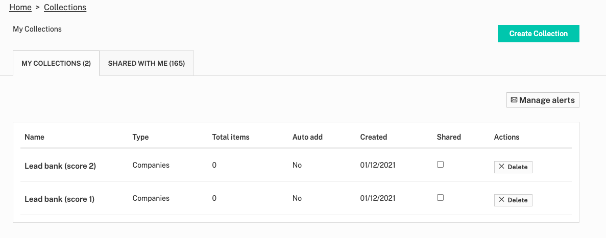 The My Collections feature on the Beauhurst platform, showing two saved collections of leads, with different scores