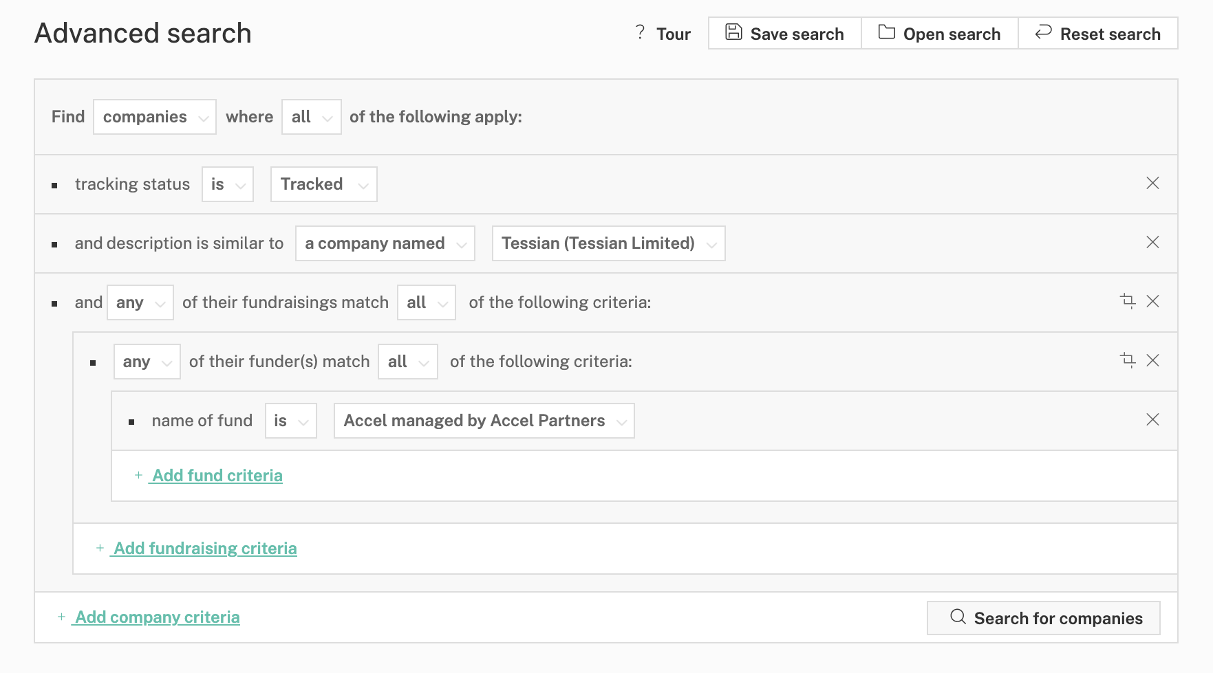 Advanced Search filters on the Beauhurst platform: companies similar to Tessian, backed by Accel
