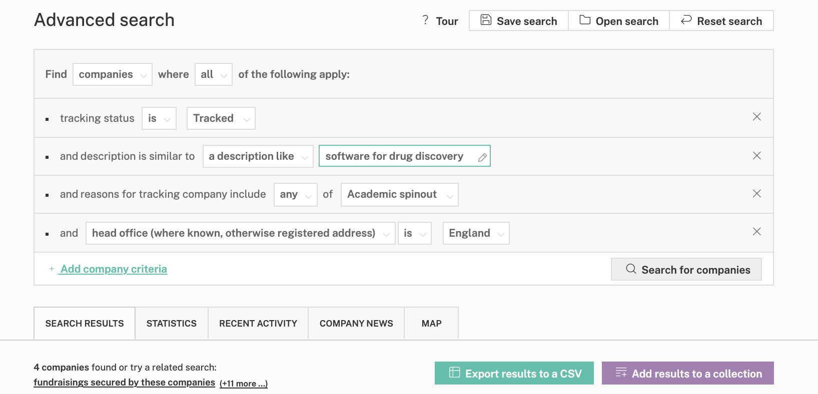 Advanced Search filters on the Beauhurst platform: similar description to "software for drug discovery" and academic spinout in England