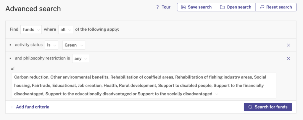 Screenshot of Beauhurst platform search for active impact funds.