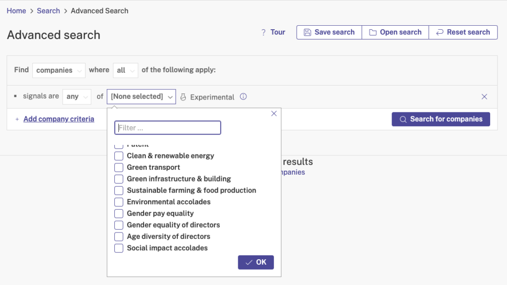 Screenshot of Beauhurst search platform.