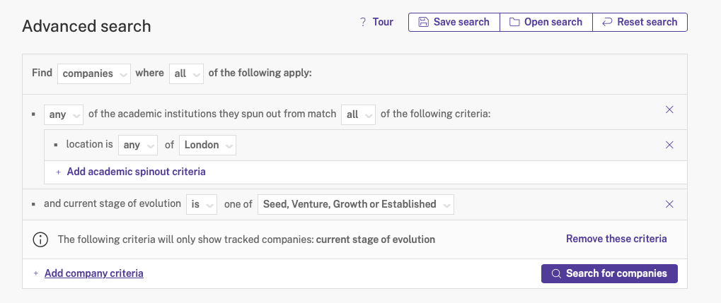 Advanced Search: Company Criteria Search "Academic Spinout"
