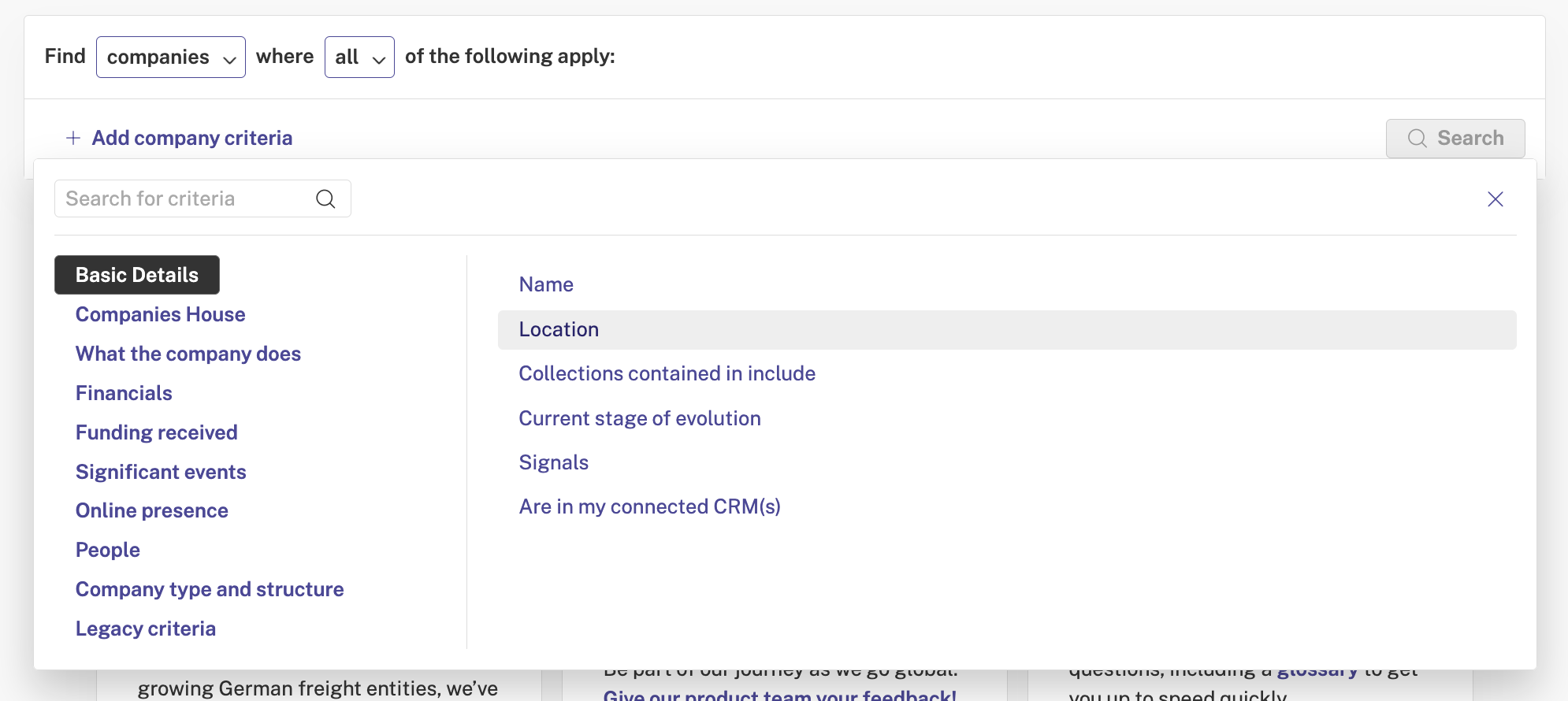 Screenshot of the Beauhurst platform showing how you can search across filters