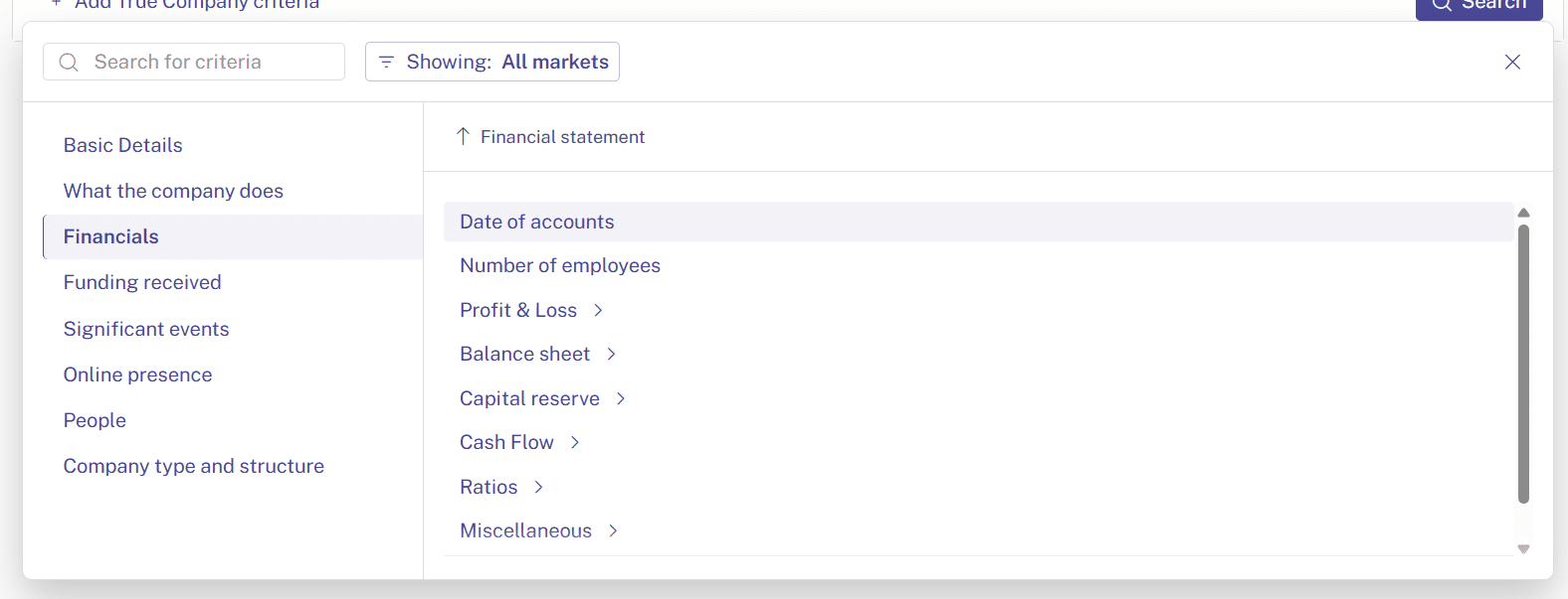 Screenshot of Beauhurst's advanced search across financial data