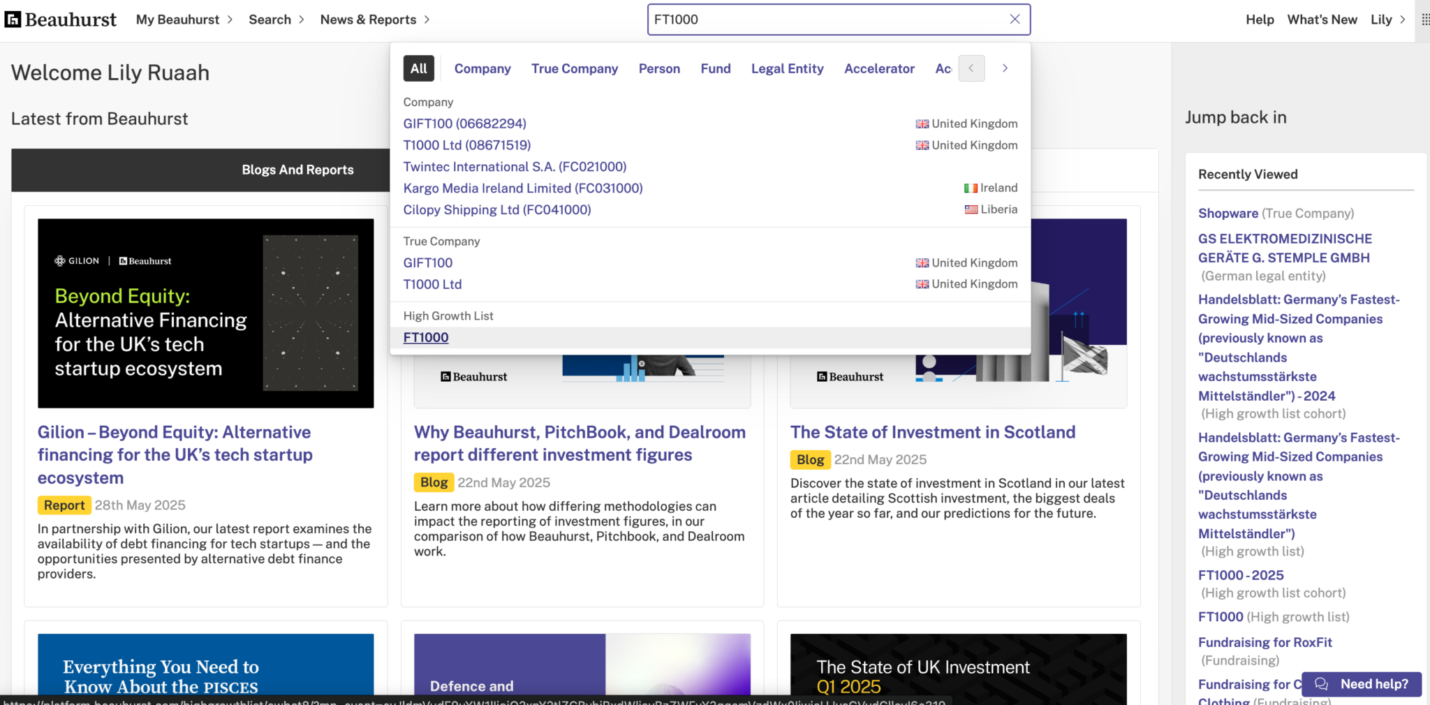 Screenshot of the Beauhurst platform showing how to search over high-growth lists