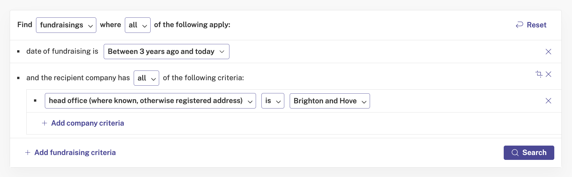Screenshot of the Beauhurst platform showing a search for fundraisings in Brighton and Hove from the past three years