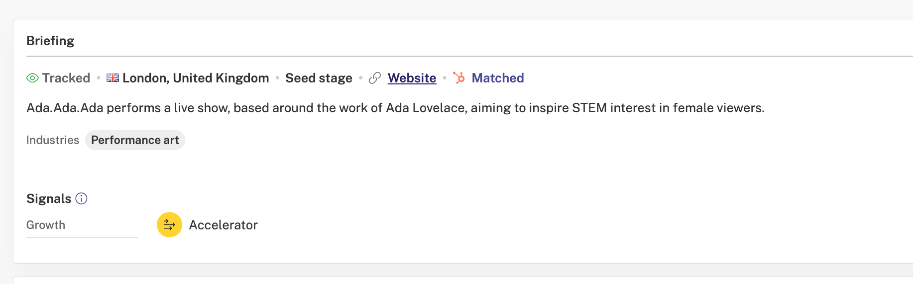 Screenshot of Ada.Ada.Ada company profile on Beauhurst