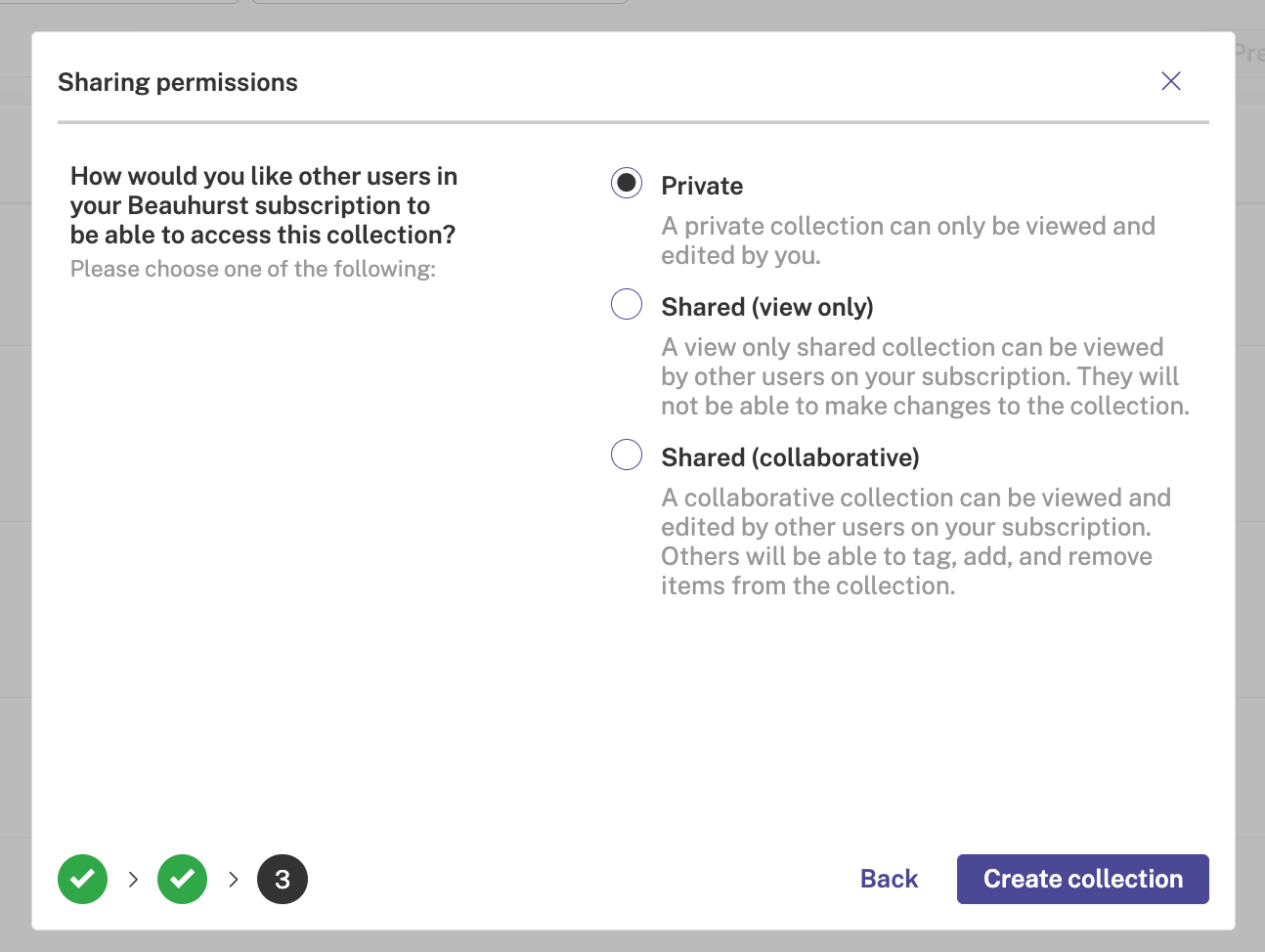 Screenshot of the sharing permissions for Beauhurst Collections